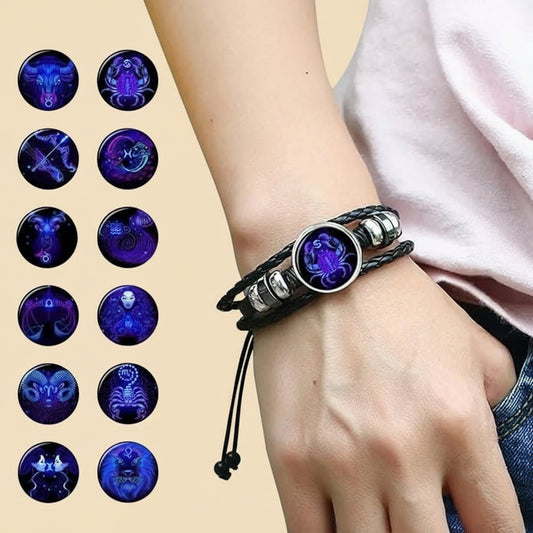 Bracelet with zodiac sign charm on wrist, surrounded by zodiac symbol icons.