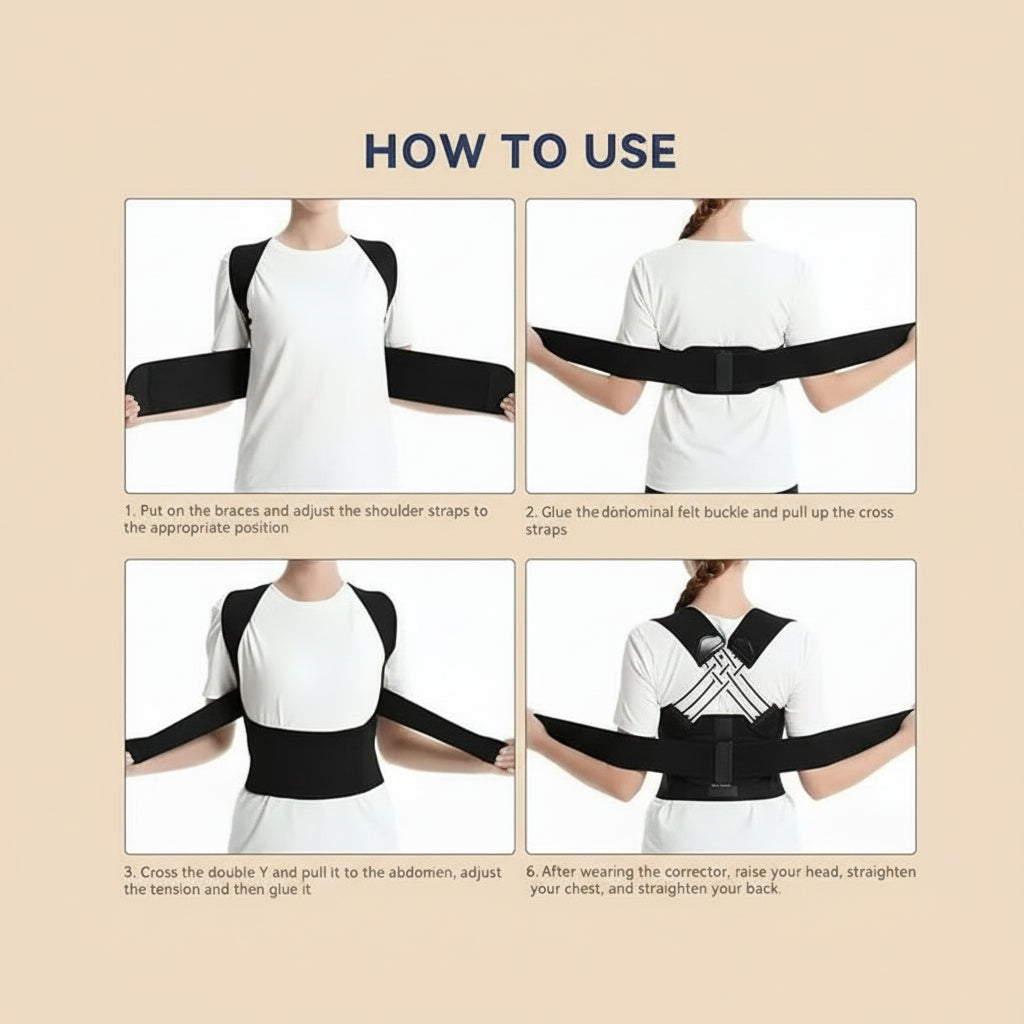 Instructions on how to use a black posture corrector on a white background