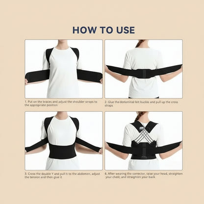 Instructions on how to use a black posture corrector on a white background