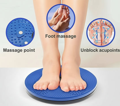 Blue foot massage board with foot on a white background, showing massage points and acupoint Unblock.