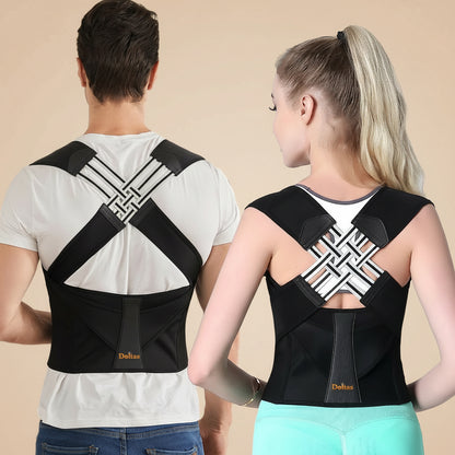 Two people wearing black posture correctors on a white background