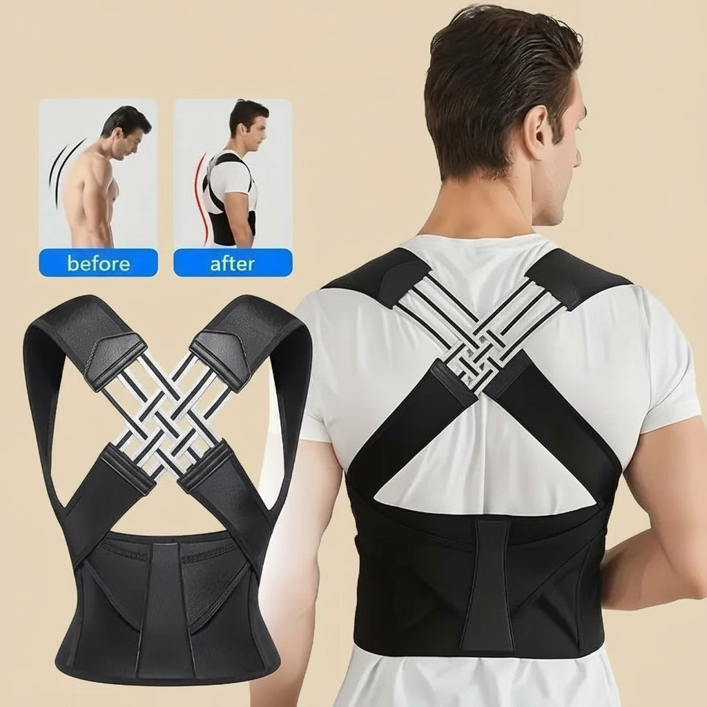 Person wearing a black posture corrector with 'before' and 'after' comparisons on a white background