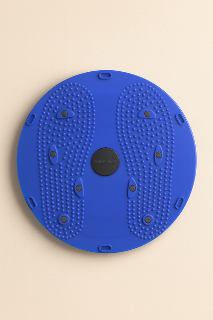Blue massage disc with textured surface on a beige background
