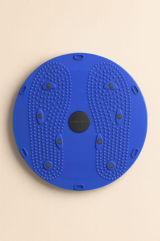 Blue massage disc with textured surface on a beige background
