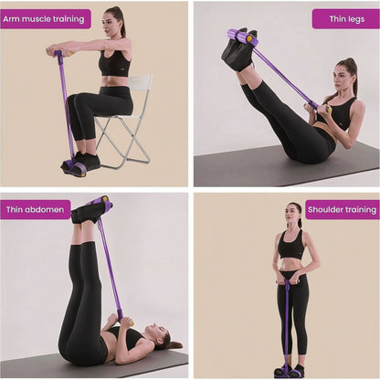 Woman demonstrating various exercises using a resistance band on a white background